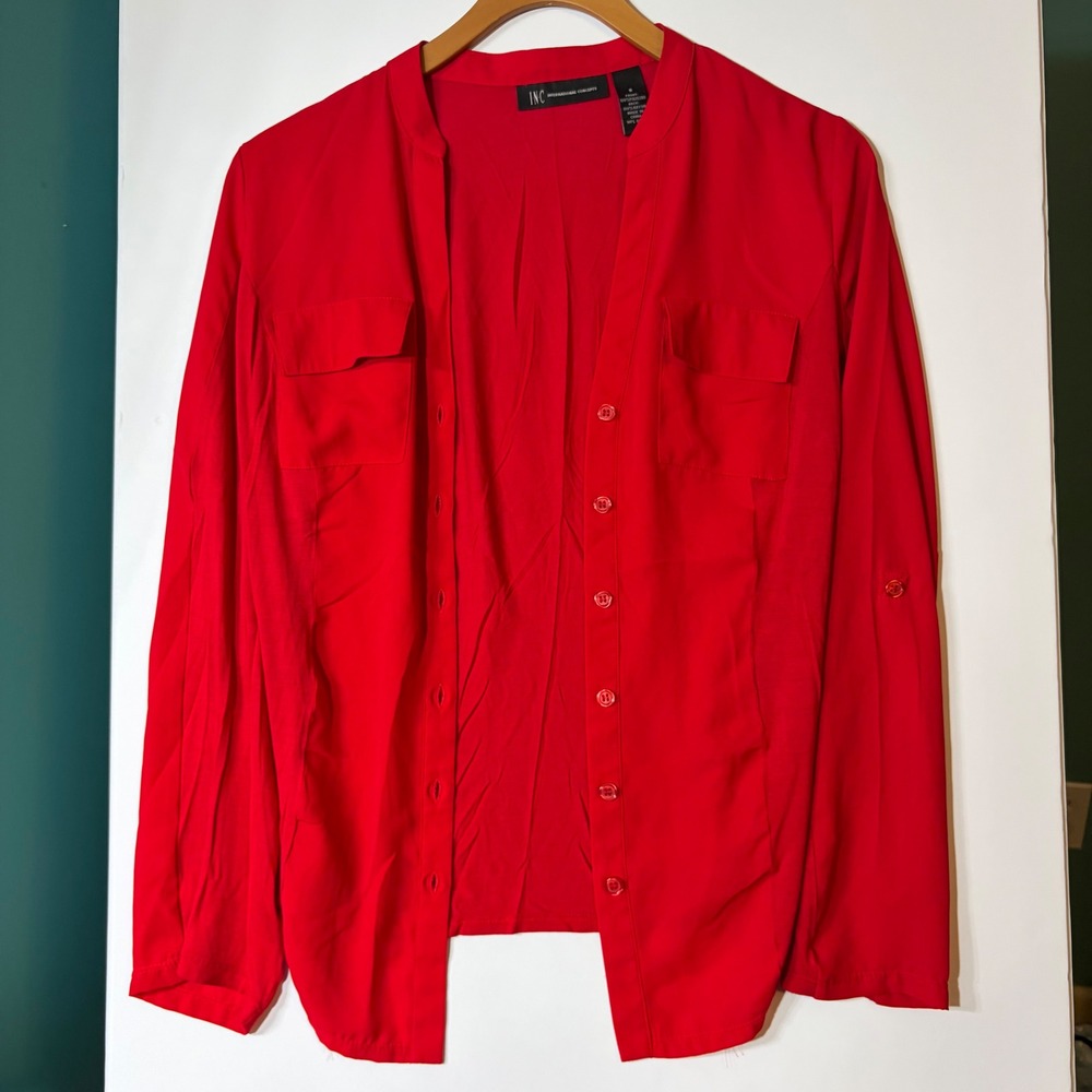 INC International Concepts Red Roll Tab Sleeve Button Down Blouse Top Small